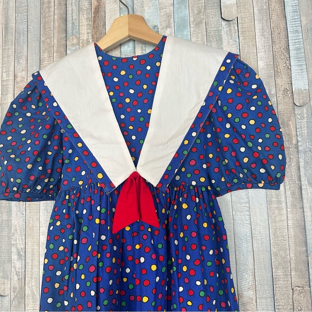 Vintage 7 80s Blue Polka Dot Print Cotton Dress Puff Sleeve Collar Bow Madeline‎